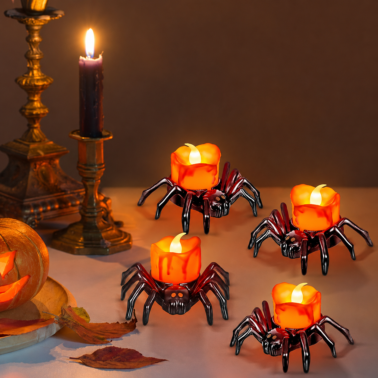 Halloween Spider LED Tea Lights Set With Battery Operated Flickering Flame
