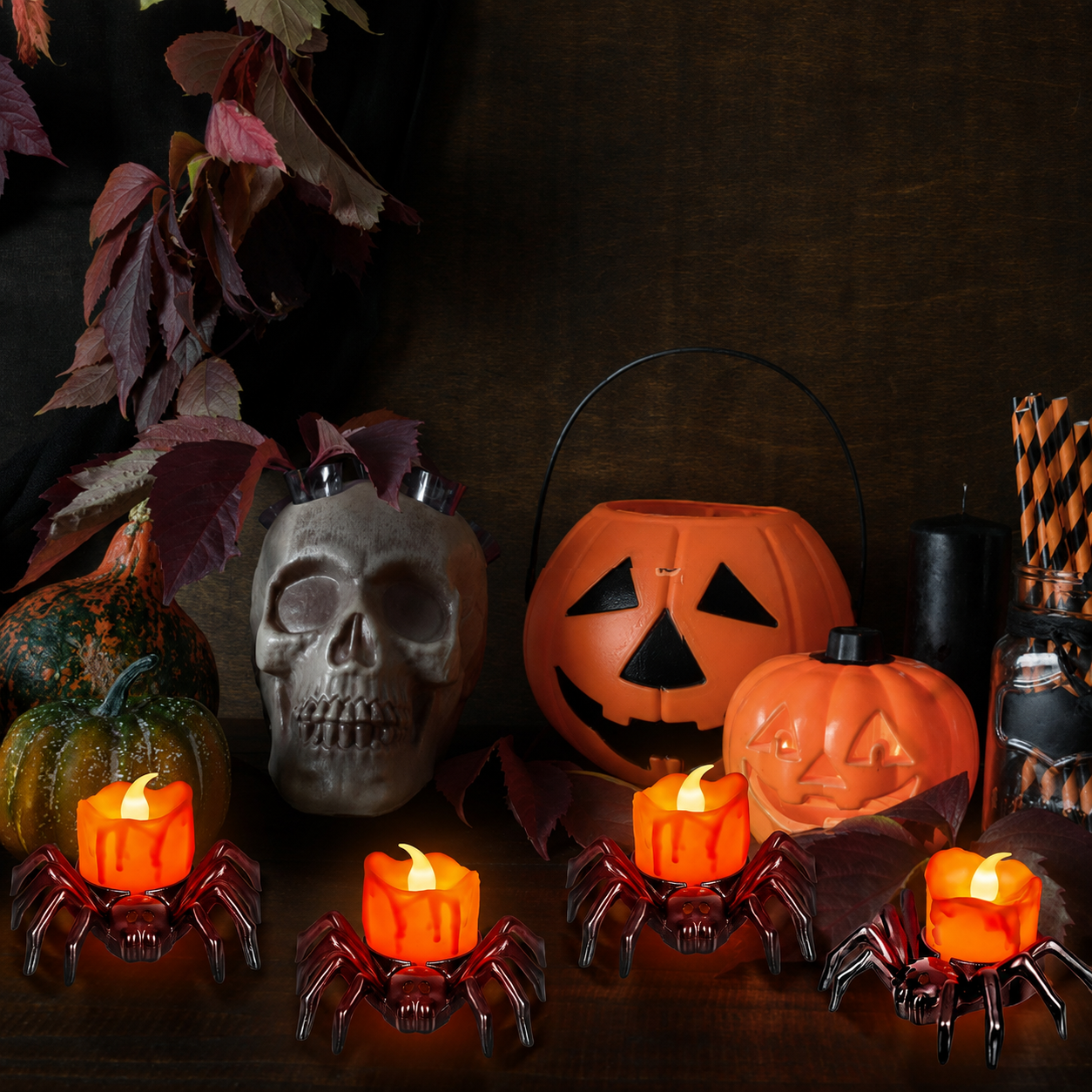Halloween Spider LED Tea Lights Set With Battery Operated Flickering Flame