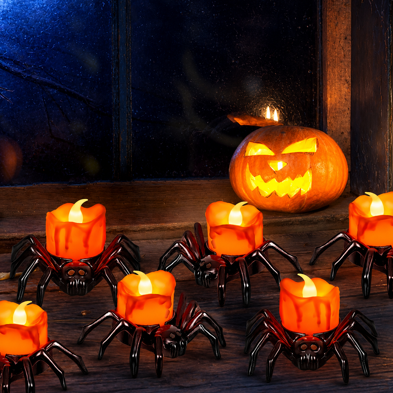 Halloween Spider LED Tea Lights Set With Battery Operated Flickering Flame