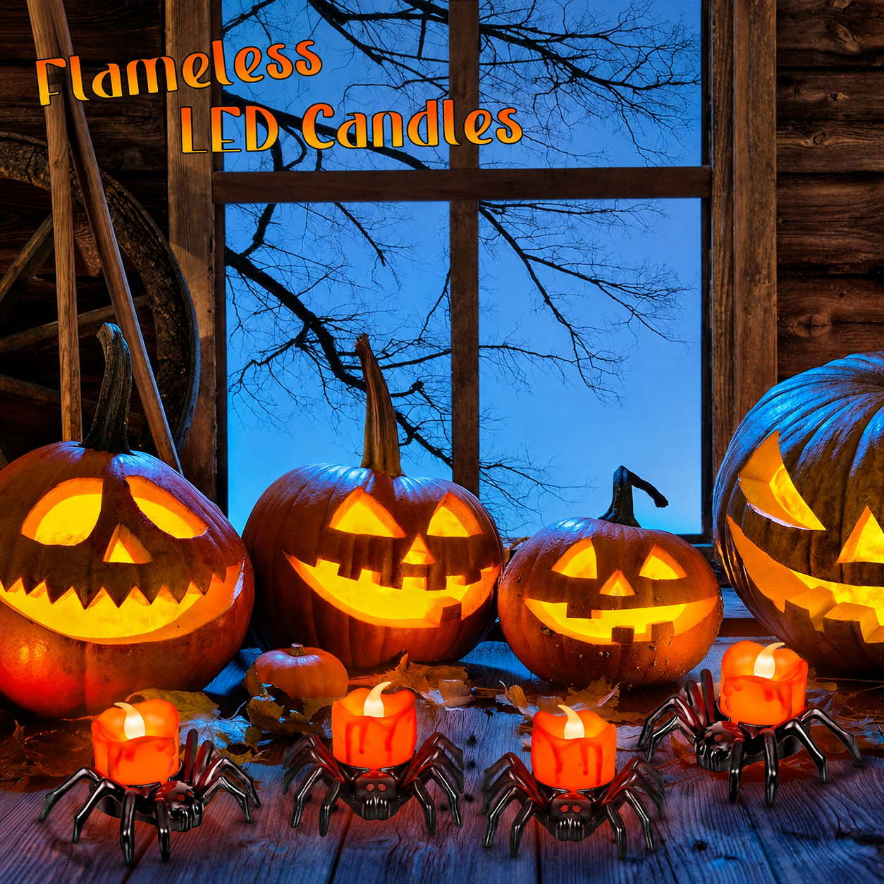 Halloween Spider LED Tea Lights Set With Battery Operated Flickering Flame