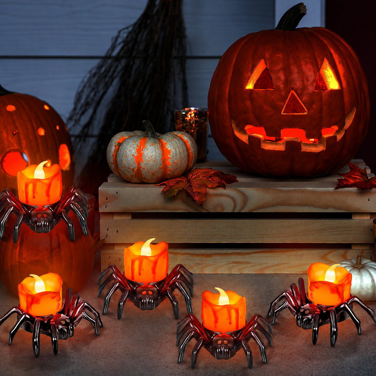Halloween Spider LED Tea Lights Set With Battery Operated Flickering Flame