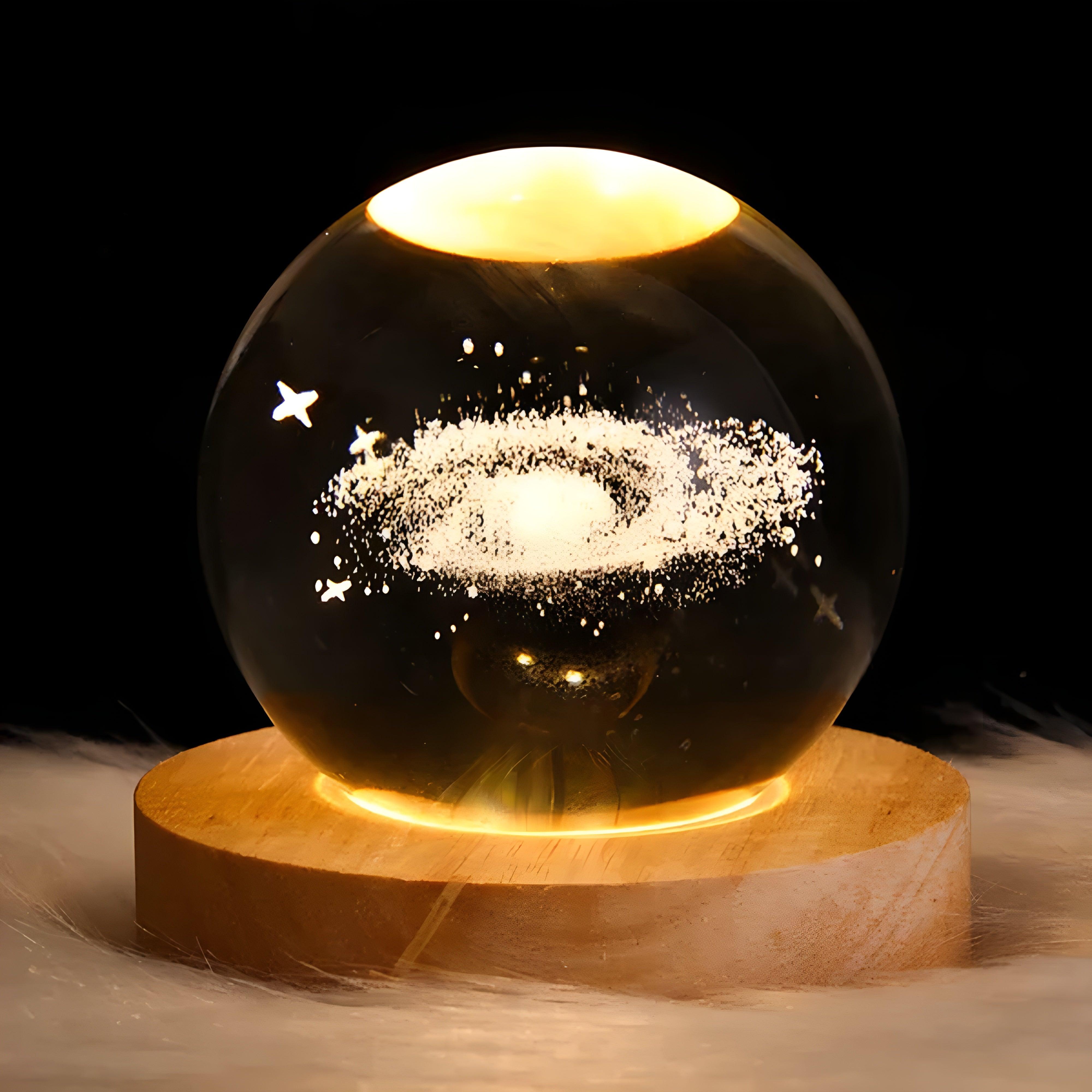 Glowing 3D Crystal Ball Night Light With Wooden Base - Solar Flame Torch