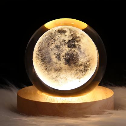 Glowing 3D Crystal Ball Night Light With Wooden Base - Solar Flame Torch