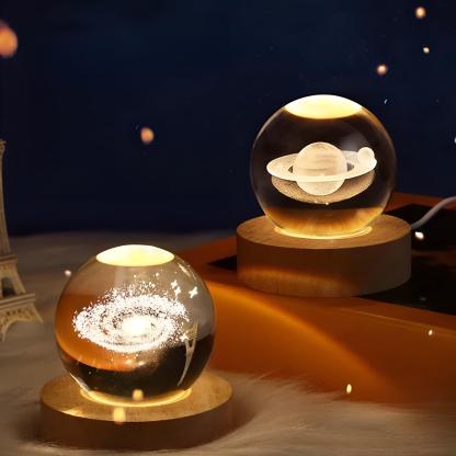 Glowing 3D Crystal Ball Night Light With Wooden Base - Solar Flame Torch