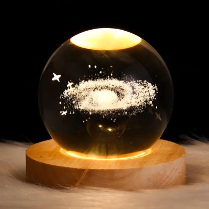 Glowing 3D Crystal Ball Night Light With Wooden Base - Solar Flame Torch