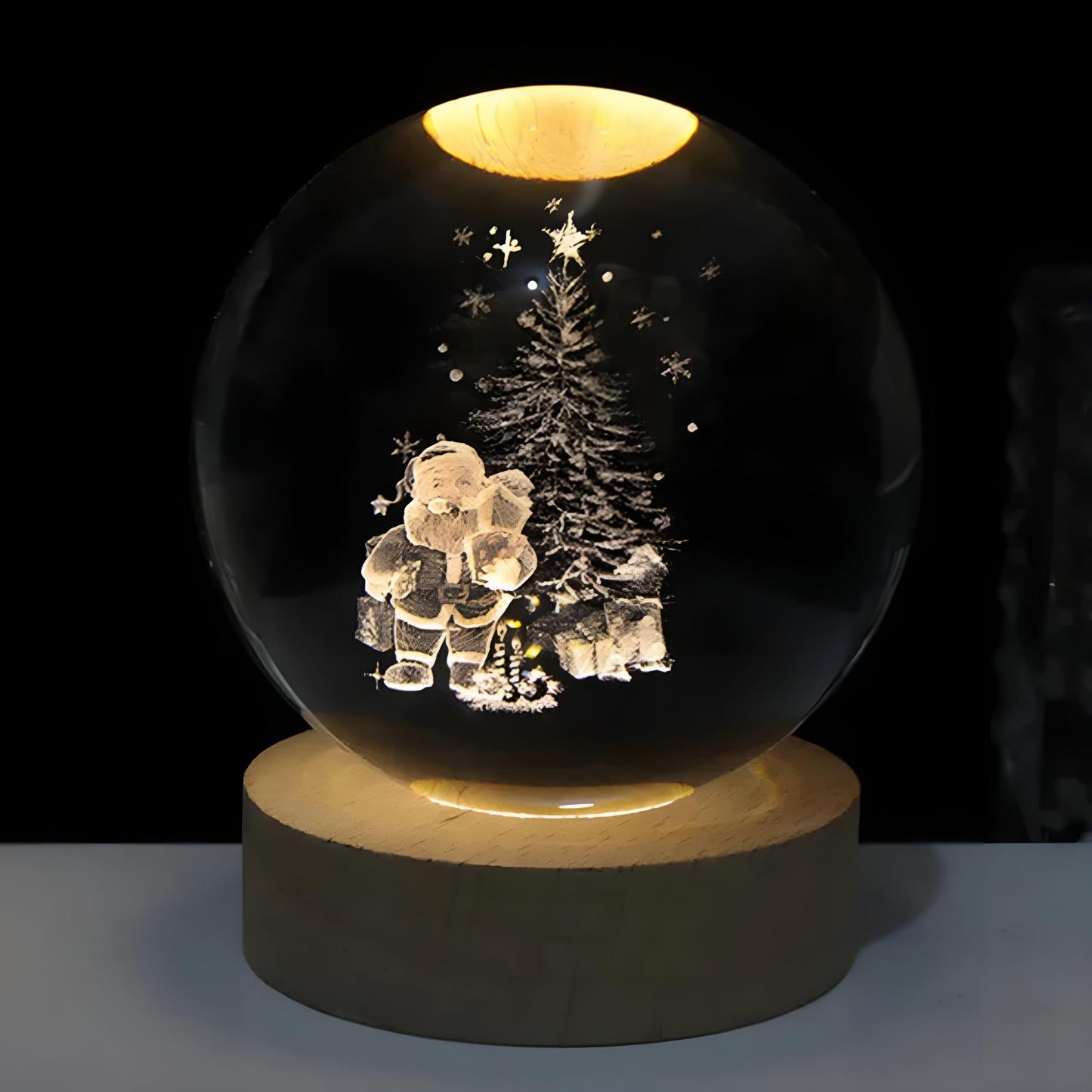 Glowing 3D Crystal Ball Night Light With Wooden Base - Solar Flame Torch