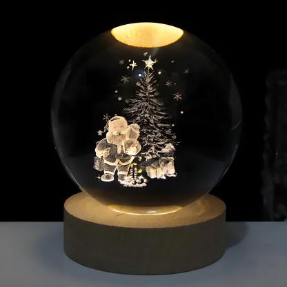 Glowing 3D Crystal Ball Night Light With Wooden Base - Solar Flame Torch