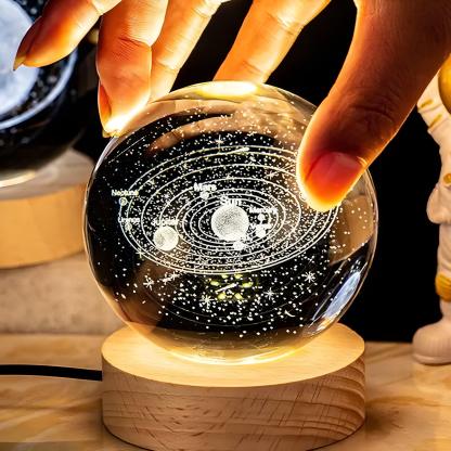 Glowing 3D Crystal Ball Night Light With Wooden Base - Solar Flame Torch