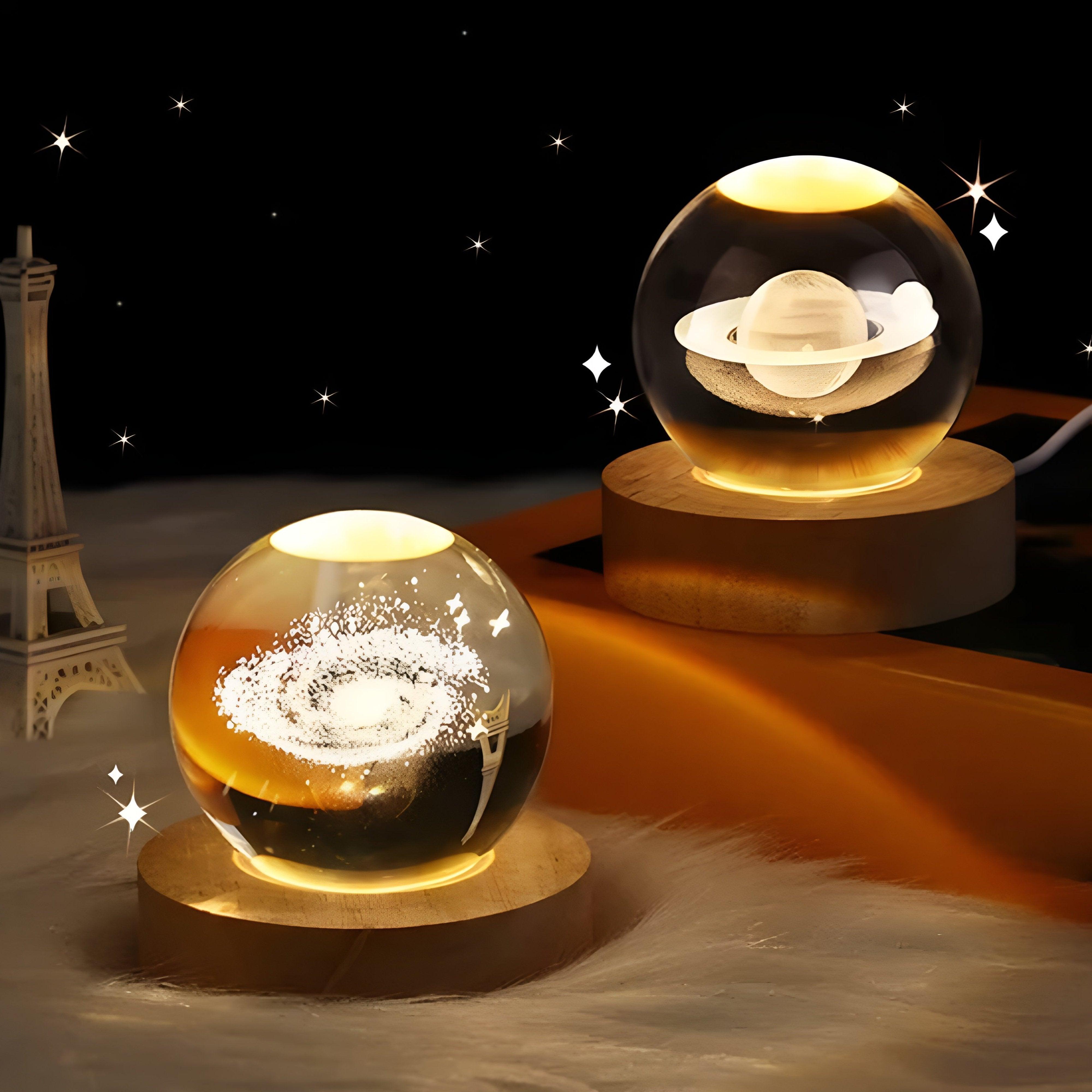 Glowing 3D Crystal Ball Night Light With Wooden Base - Solar Flame Torch