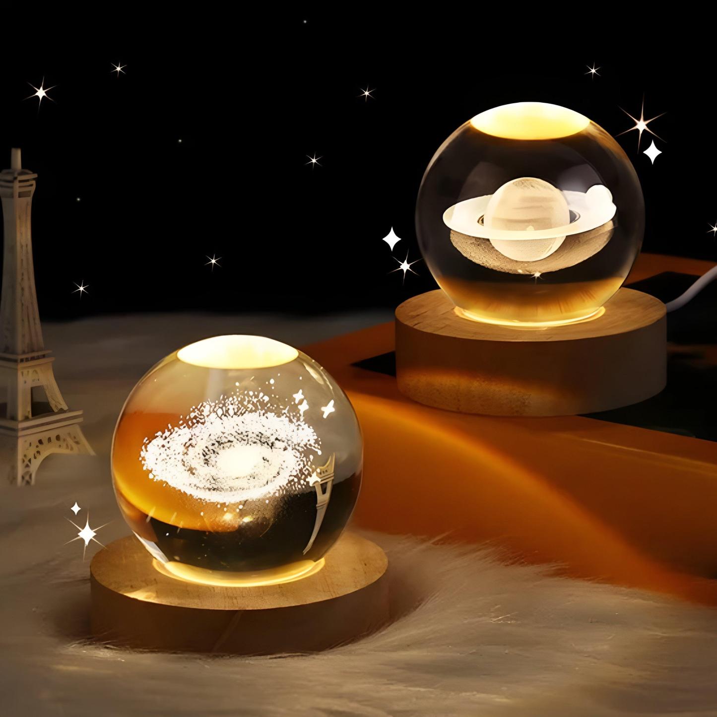 Glowing 3D Crystal Ball Night Light With Wooden Base - Solar Flame Torch