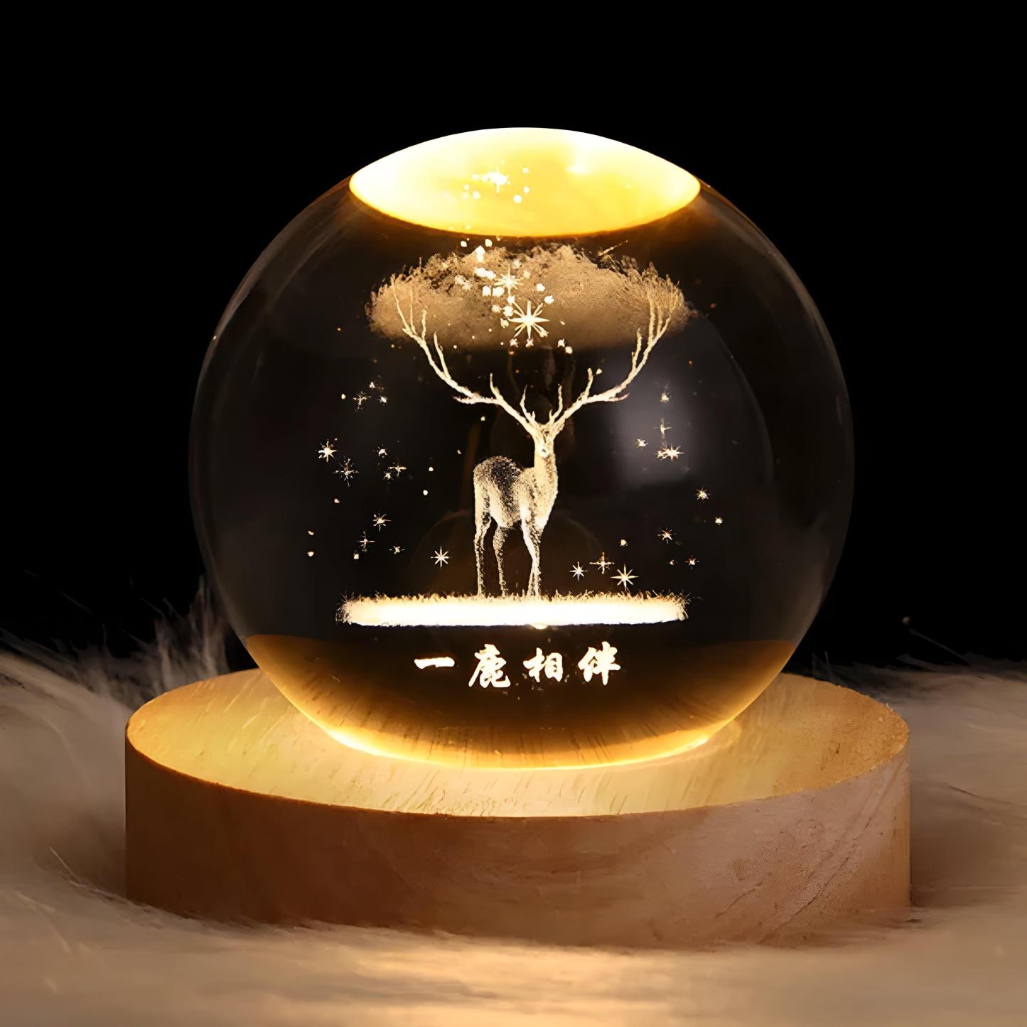 Glowing 3D Crystal Ball Night Light With Wooden Base - Solar Flame Torch