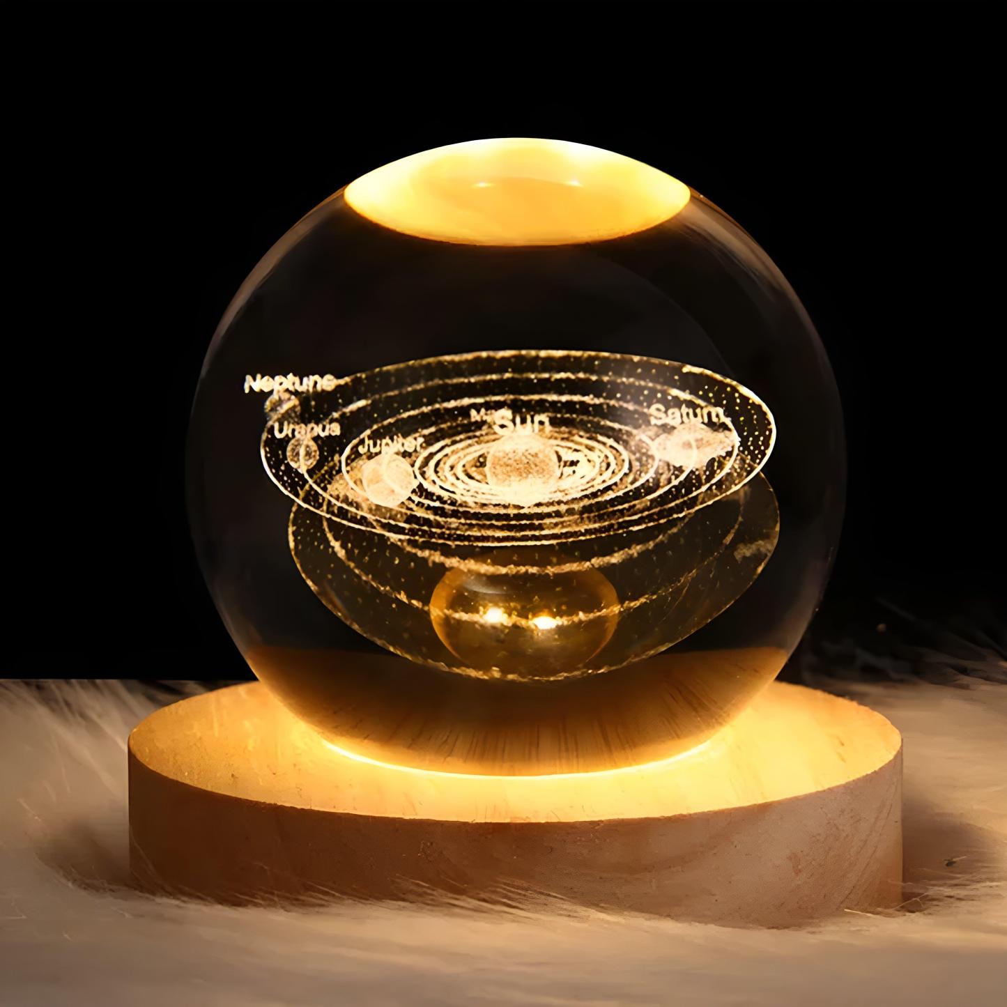 Glowing 3D Crystal Ball Night Light With Wooden Base - Solar Flame Torch