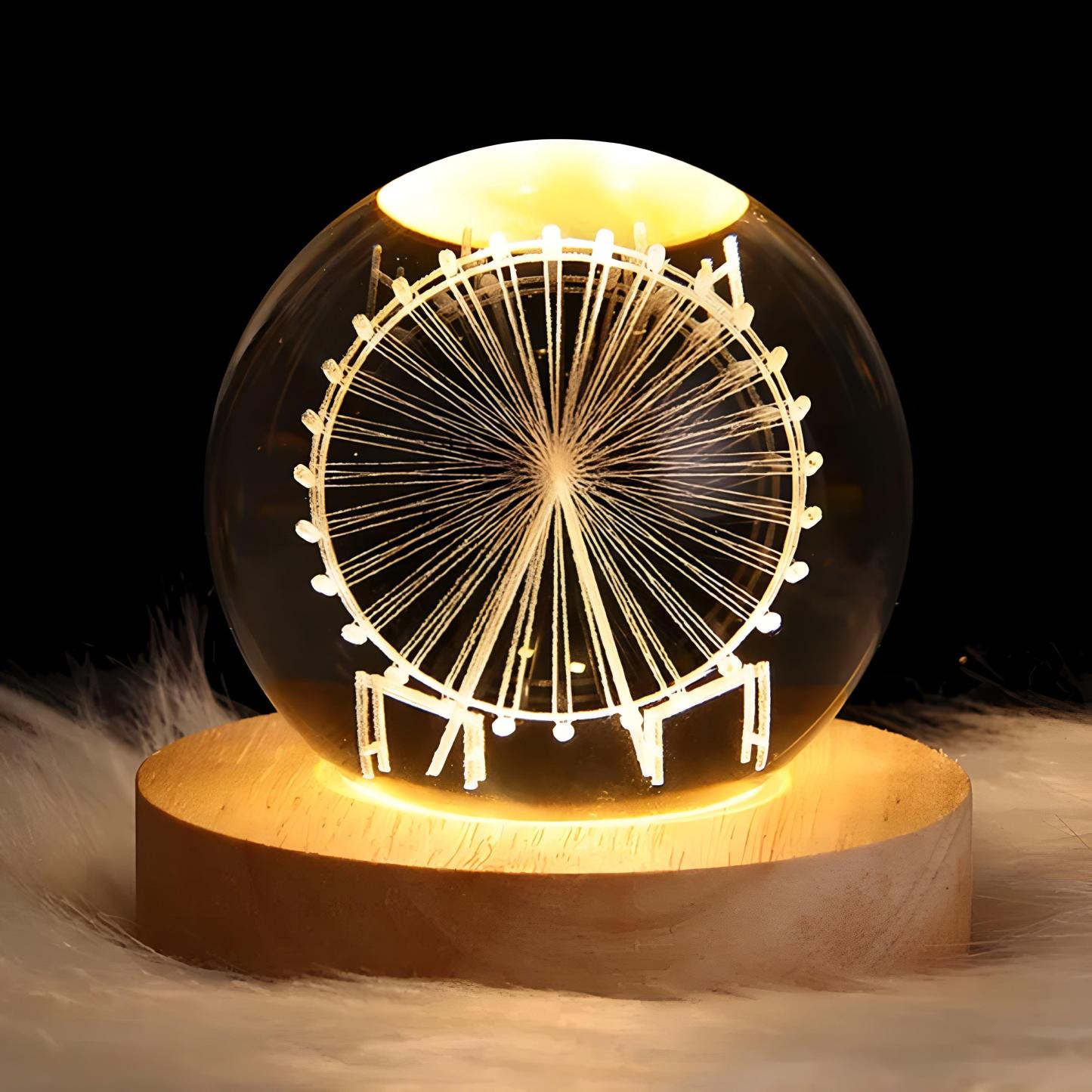 Glowing 3D Crystal Ball Night Light With Wooden Base - Solar Flame Torch