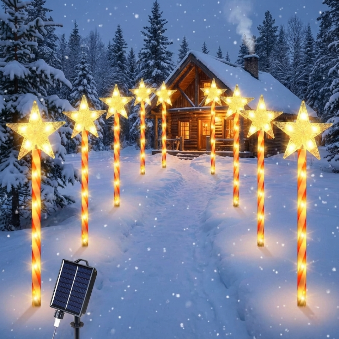 Pack Of 8 Solar Star Candy Cane Lights For Outdoor Christmas Pathways