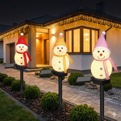 Pack Of 3 Solar Snowman Christmas Decorations Outdoor Path Stake Lights