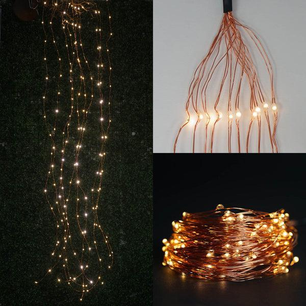 8FT Warm White LED Fairy String Waterfall Lights with Copper Strands - Solar Flame Torch