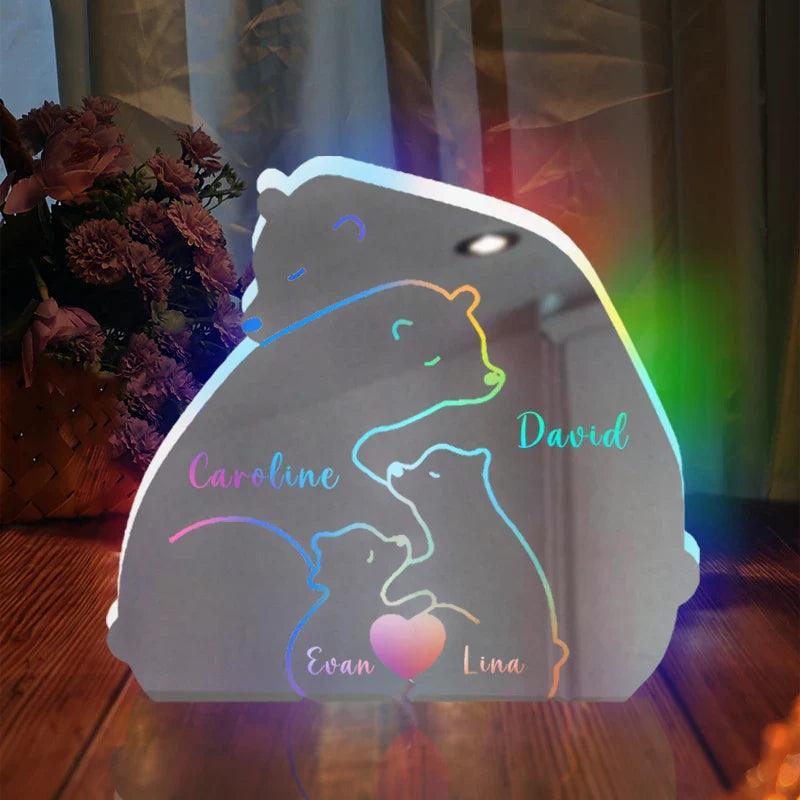 Personalized Bear Family LED Acrylic Night Light - Solar Flame Torch