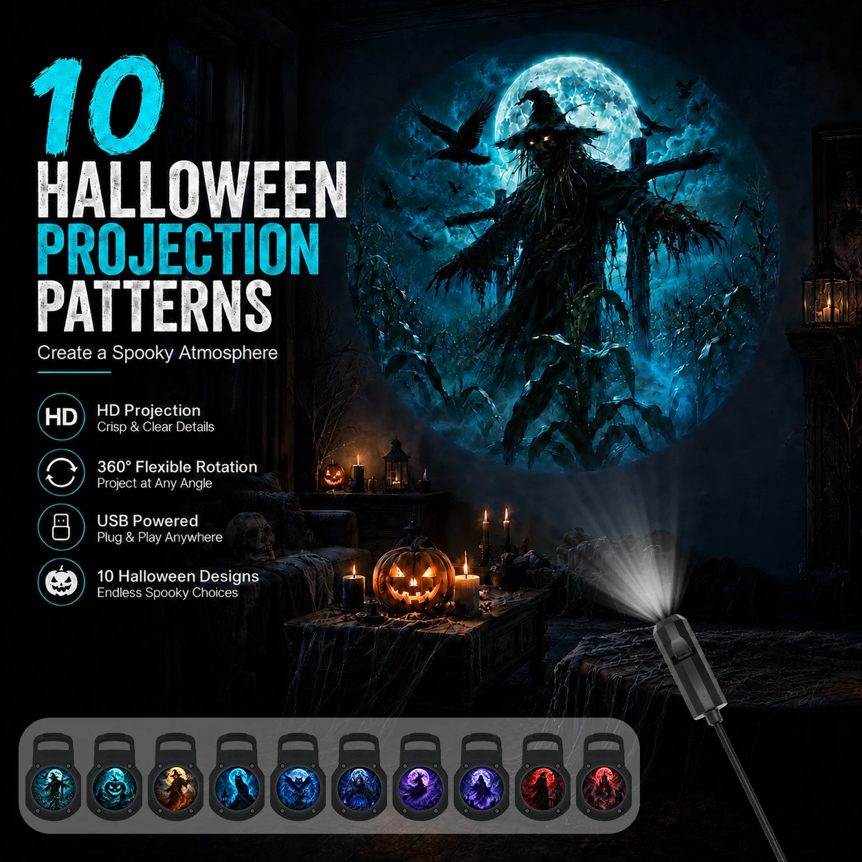 10-Pattern Halloween Projector Light, USB Powered, 360° Flexible