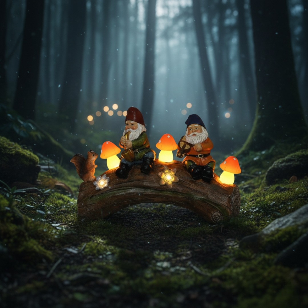 Solar Gnome Garden Statue with Mushroom Lights