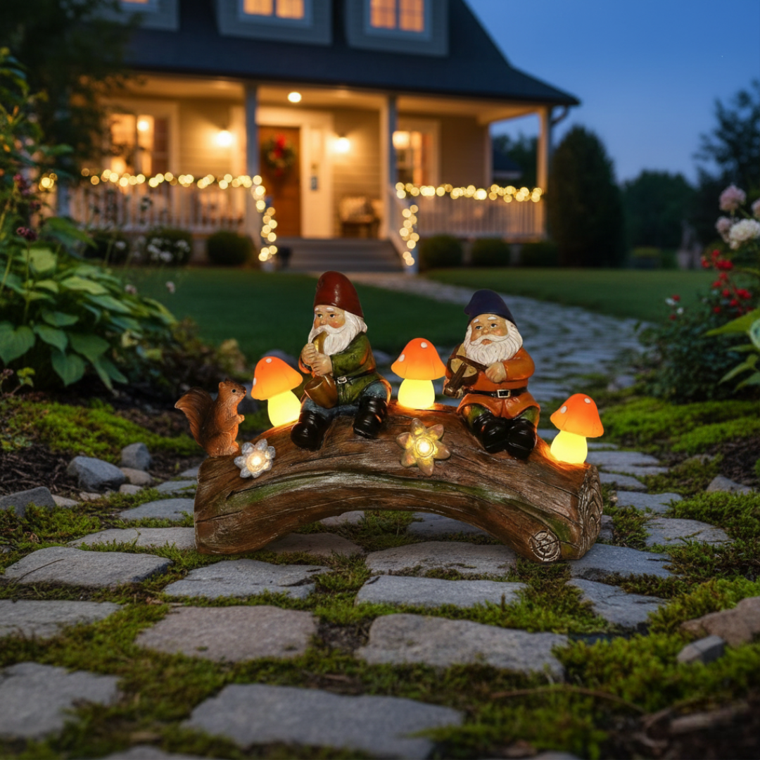 Solar Gnome Garden Statue with Mushroom Lights