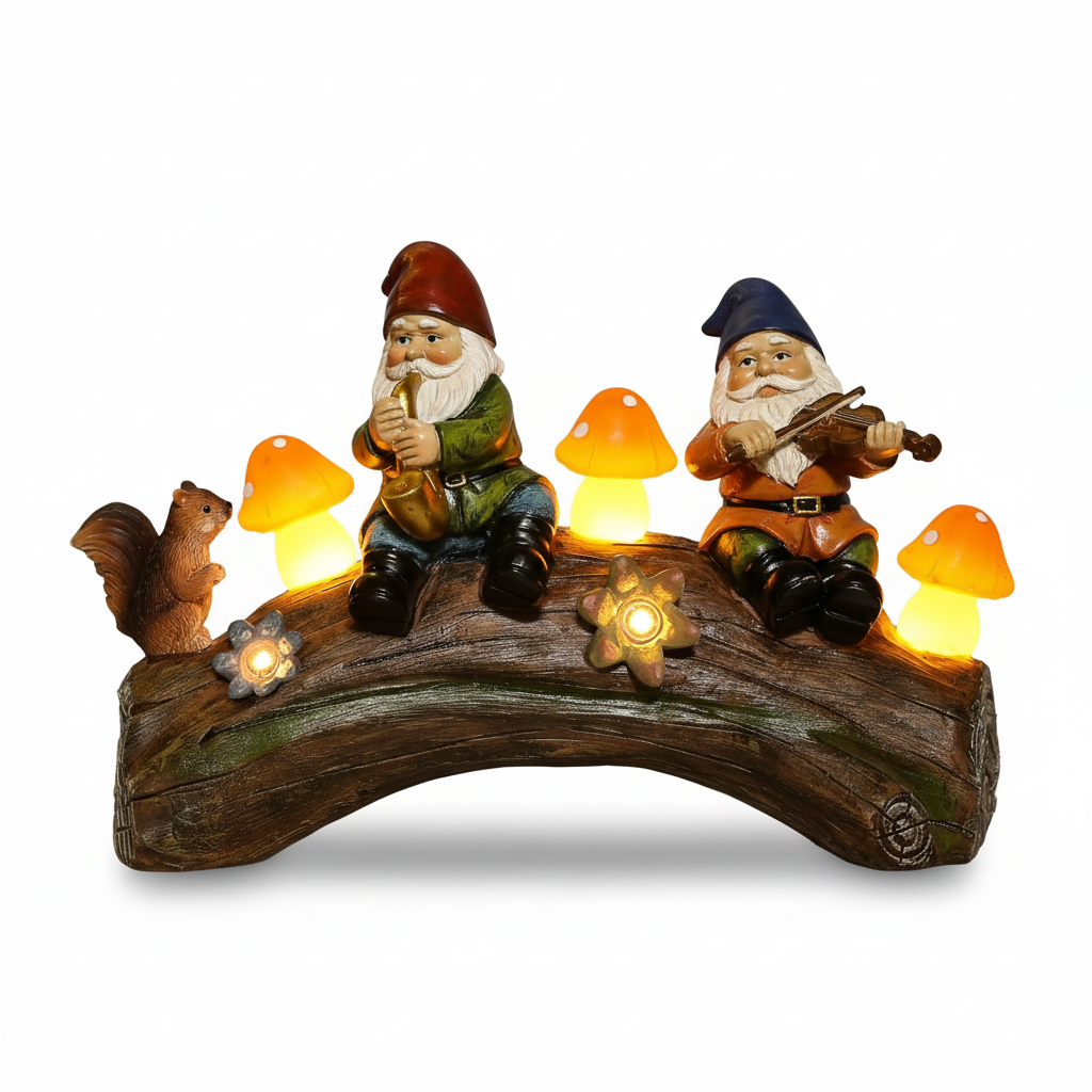 Solar Gnome Garden Statue with Mushroom Lights