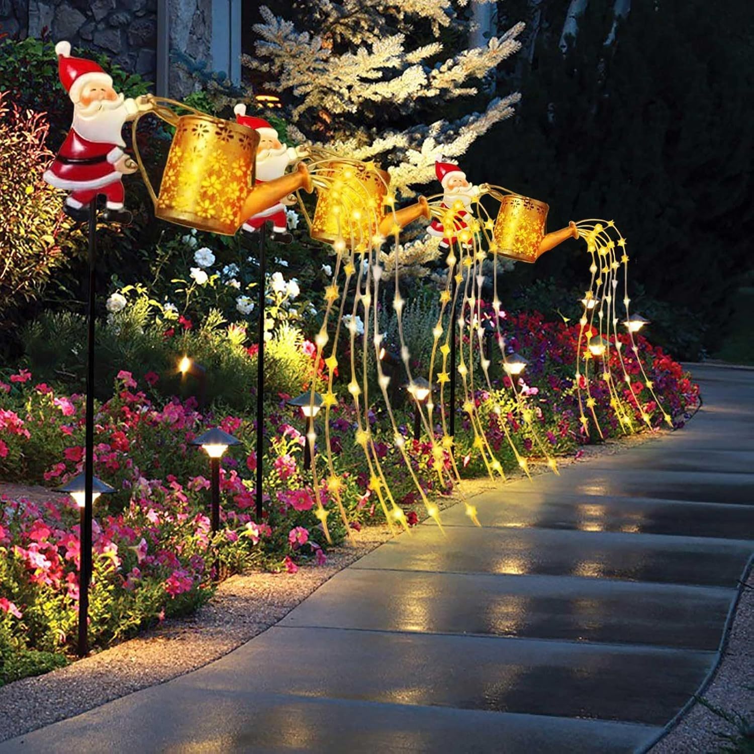 Solar Santa Watering Can Garden Light For Christmas Yard Pathways