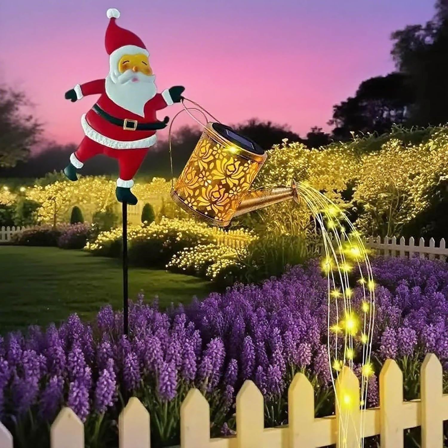 Solar Santa Watering Can Garden Light For Christmas Yard Pathways