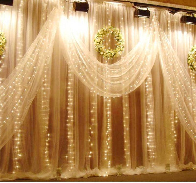 10ft 300 Warm White Water-Resistant Curtain Lights - Solar Flame Torch