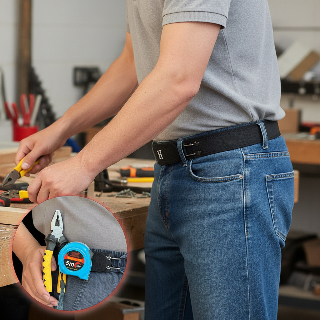 Man at a workbench wearing jeans with the elastic belt fastened, circular inset showing the hook closure detail holding pliers and a tape measure on the beltline