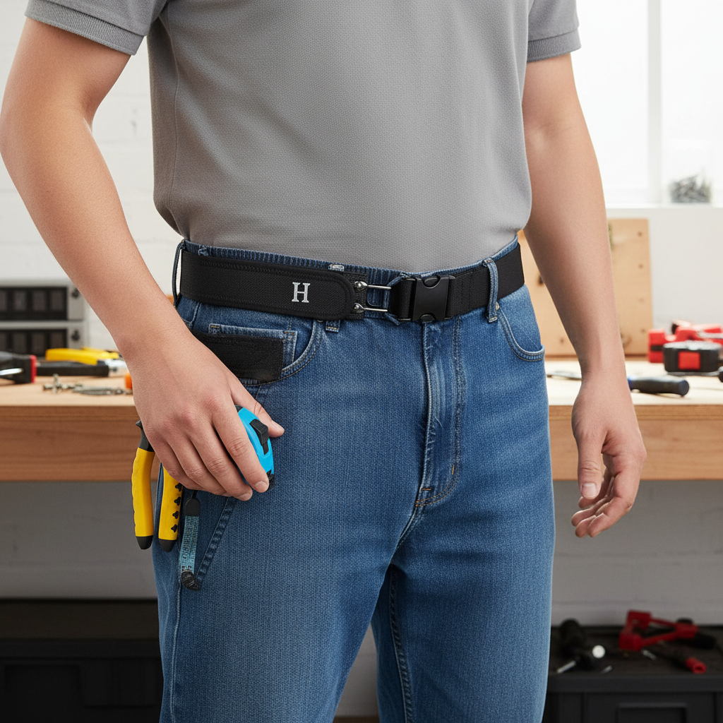 Man wearing jeans with the elastic adjustable belt at the waist, viewed from a slight front angle showing the flat buckle-free panel