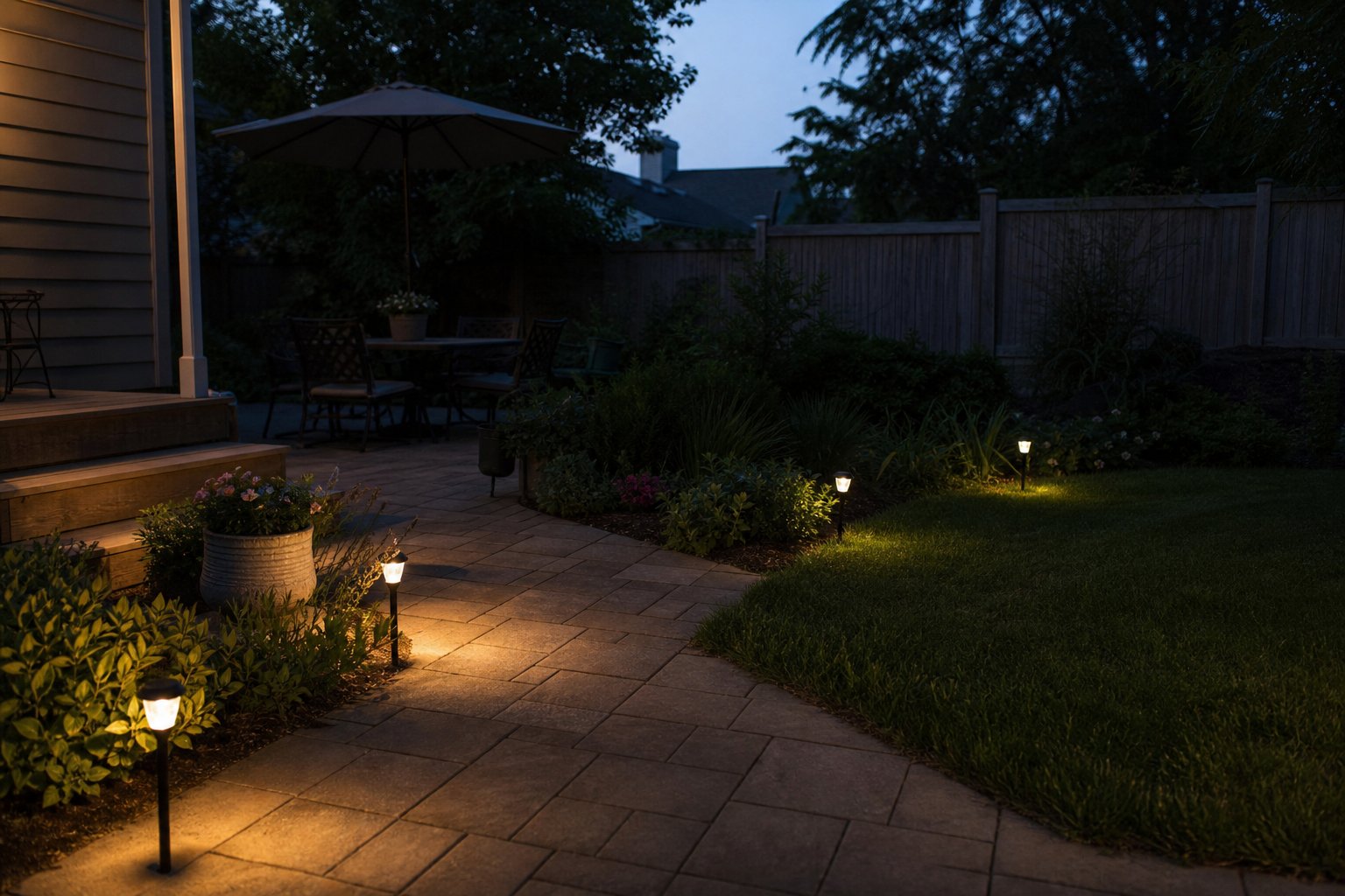 Well-placed solar lights providing realistic ambient backyard illumination