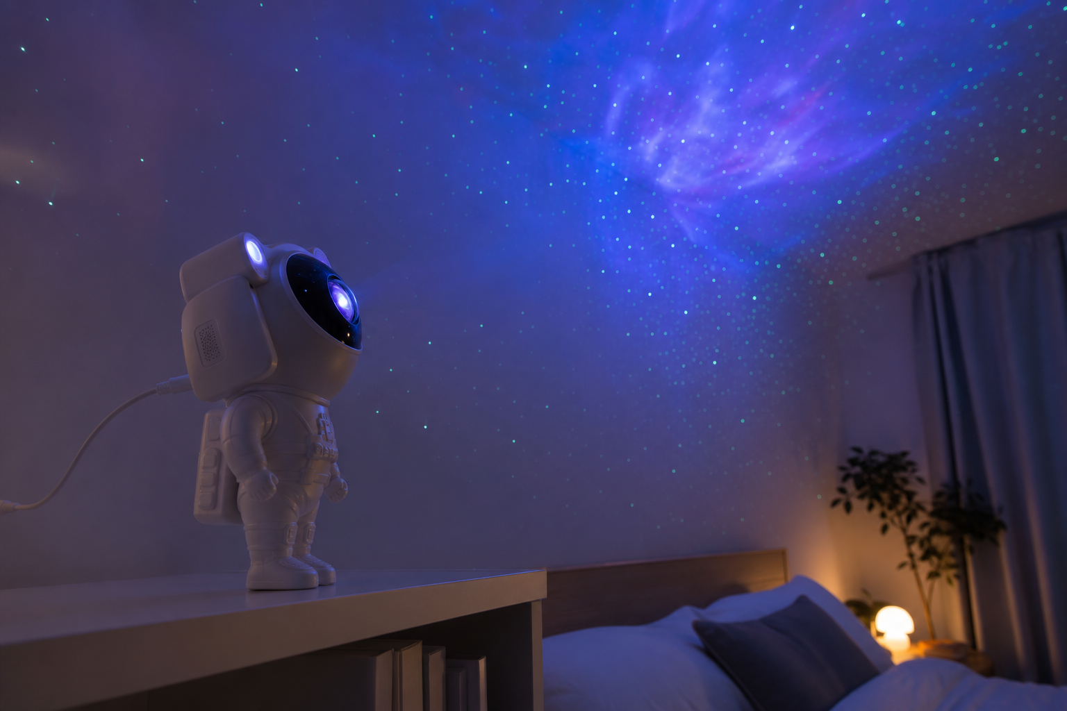 Astronaut-shaped projector casting soft stars and a blue-purple nebula