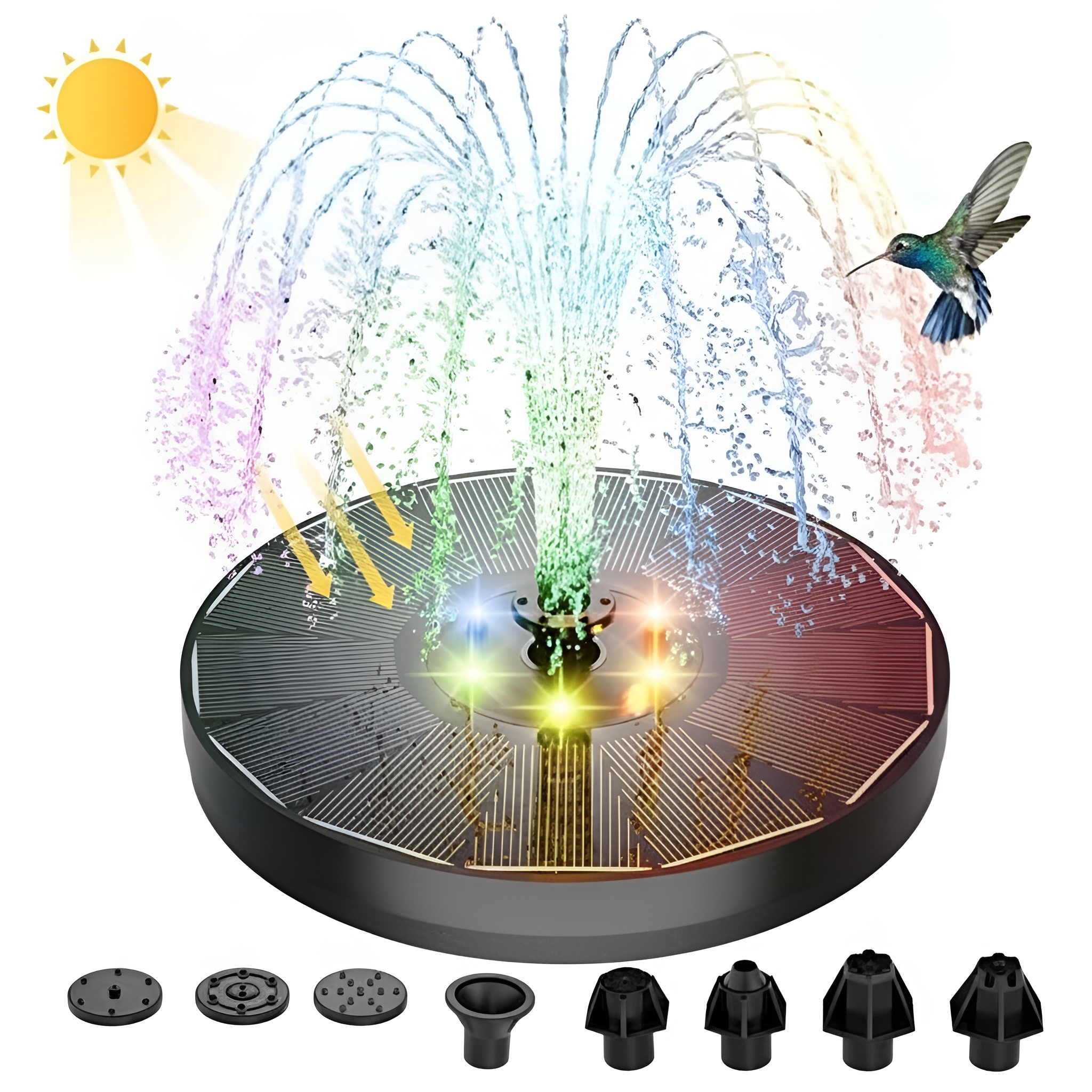 Aurora Solar Water Fountain With LED Lights 7 Nozzles Garden Pond Kit