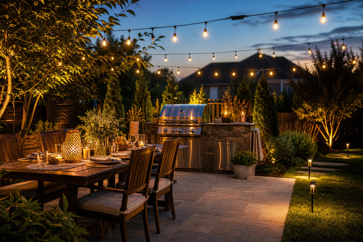 Solar string lights and lanterns illuminating a backyard barbecue patio