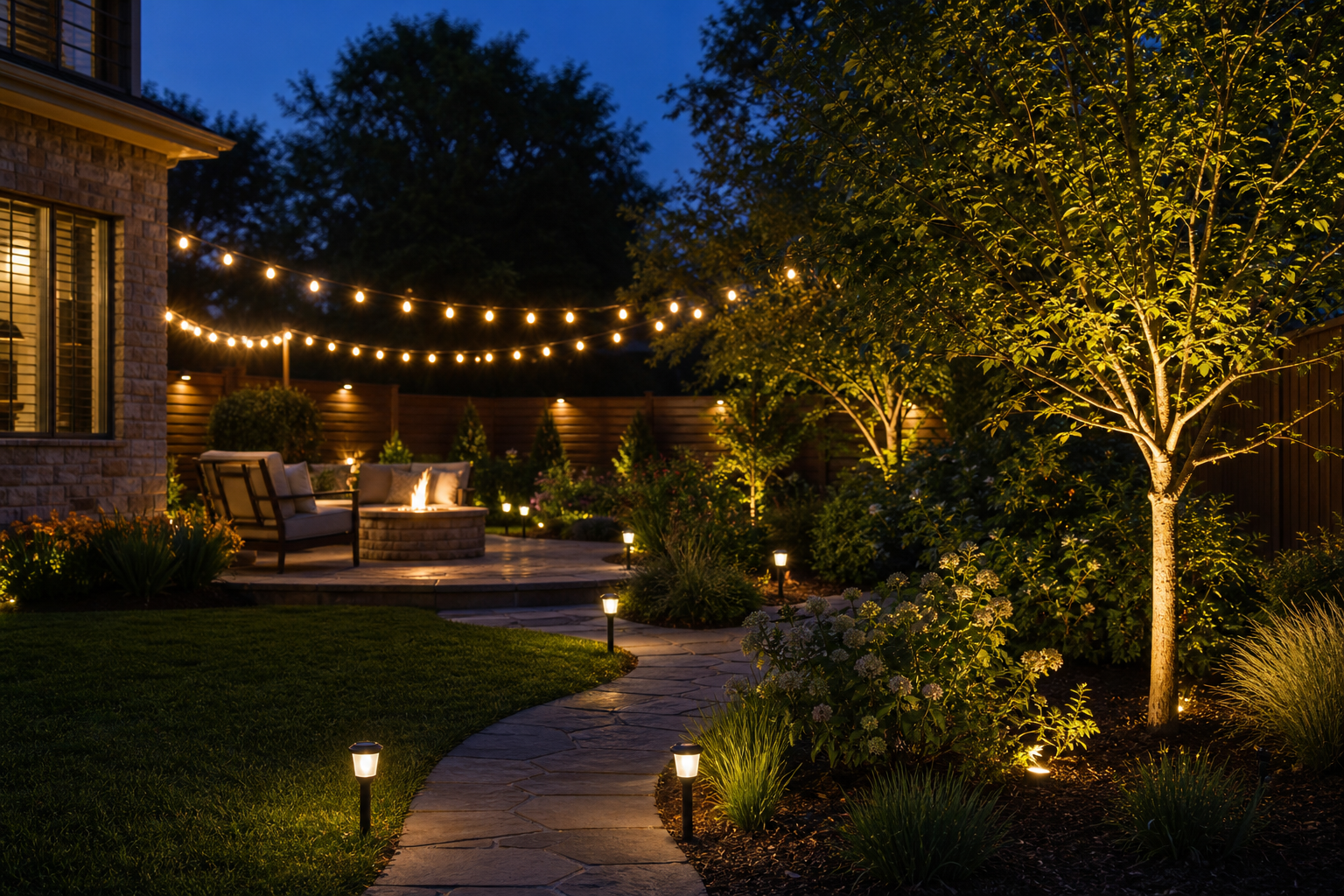 Solar path, patio and tree lighting creating a cohesive backyard scene