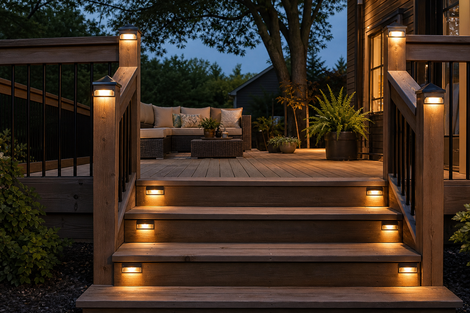 Solar rail and step lights safely illuminating a modern wood deck