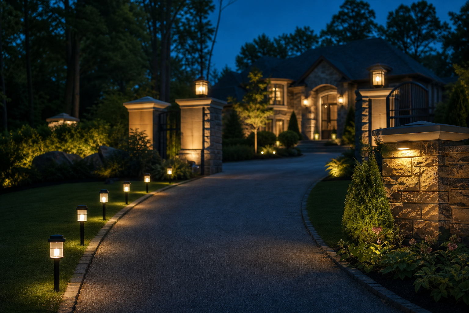Solar path and post lights illuminating a residential driveway entrance
