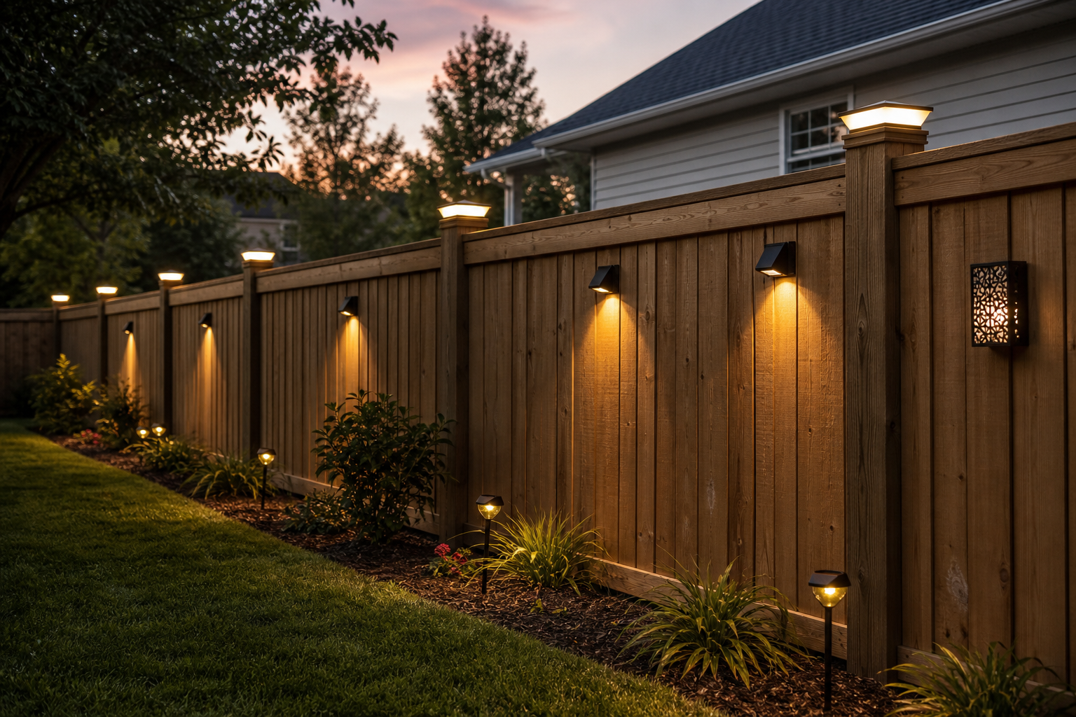 Solar post-cap and downward lights illuminating a backyard fence