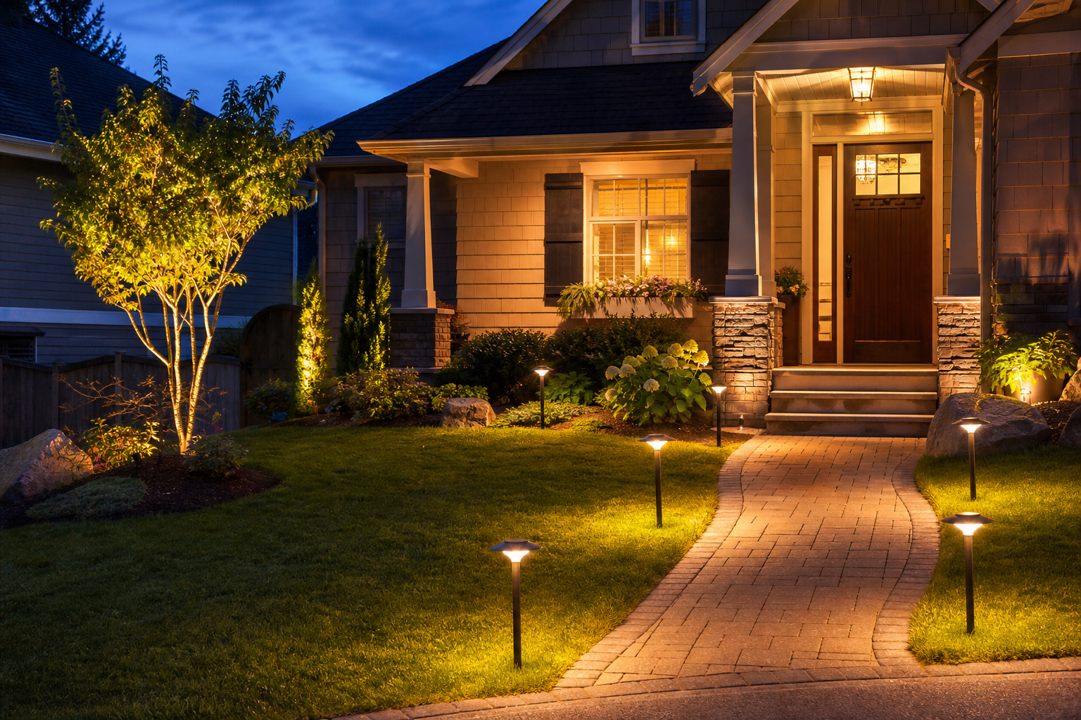 Coordinated solar pathway and accent lighting improving front-yard curb appeal