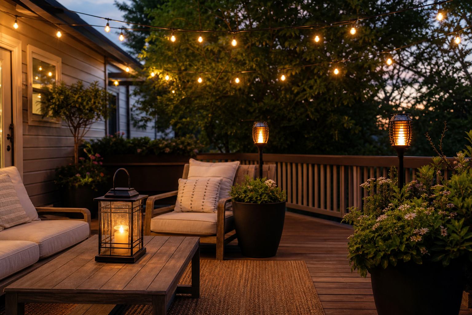 Solar string lights, LED torches and lantern illuminating a patio