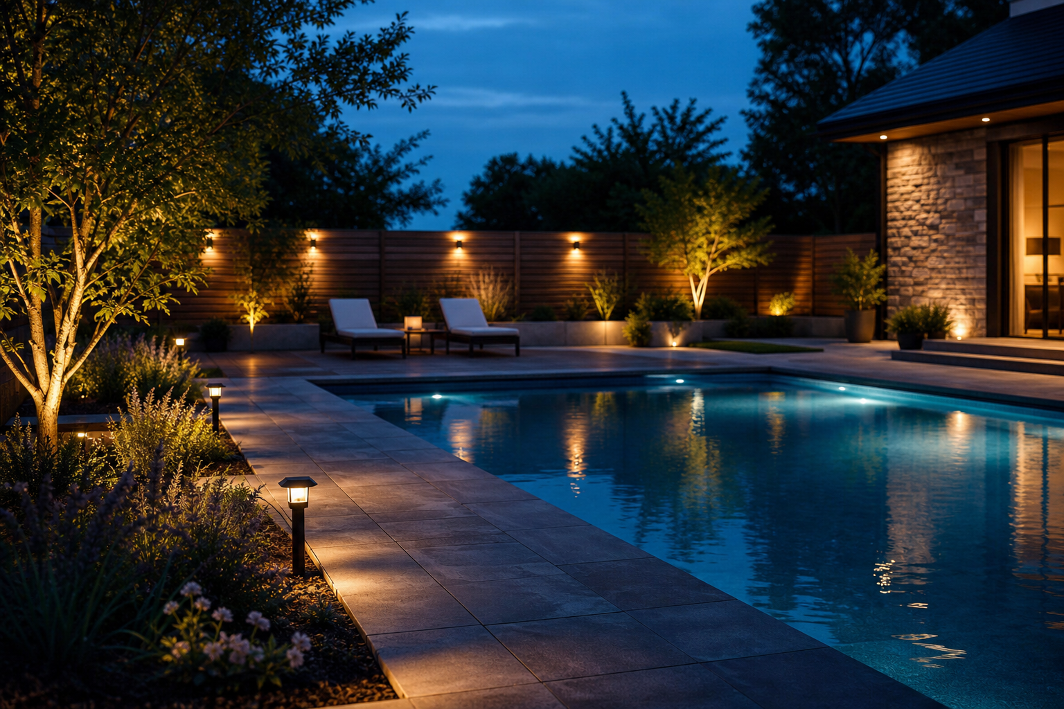 Low-glare solar lights illuminating a residential pool deck at dusk