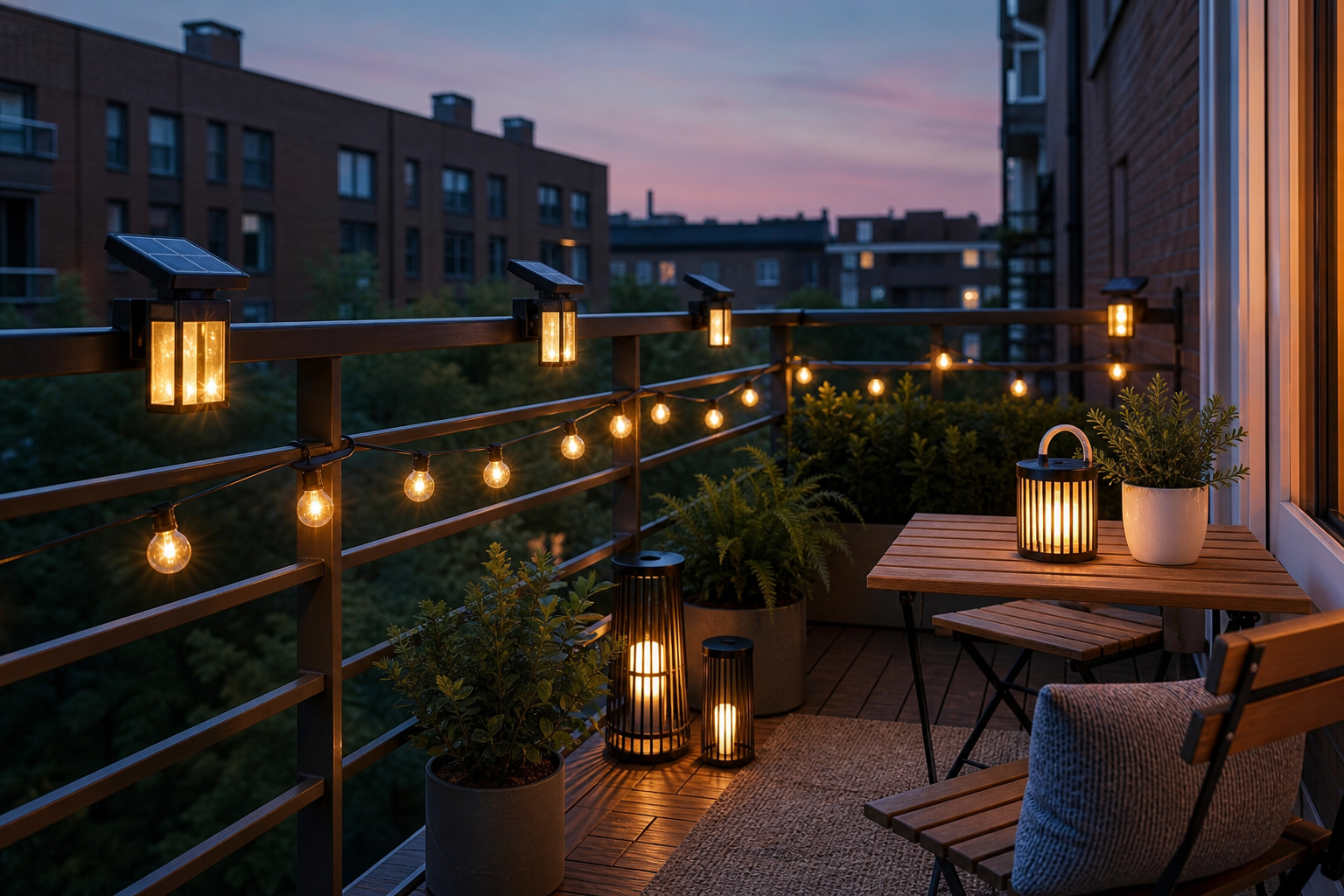 Removable solar lights arranged on a rental apartment balcony