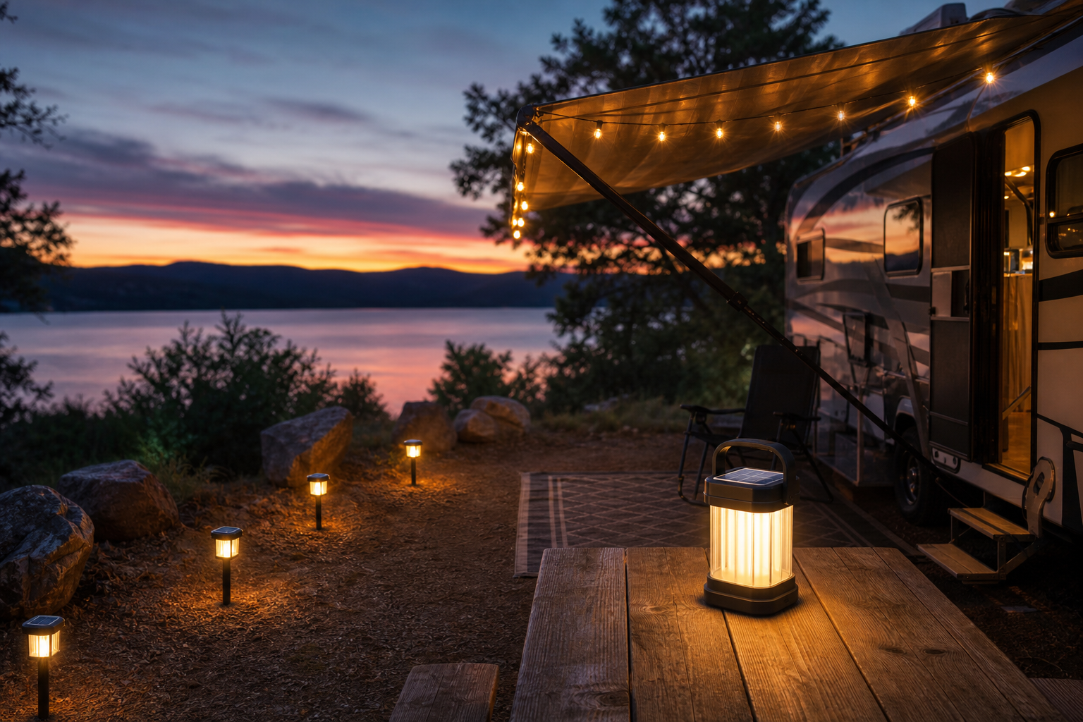 Portable solar lanterns and lights at an RV campsite at dusk