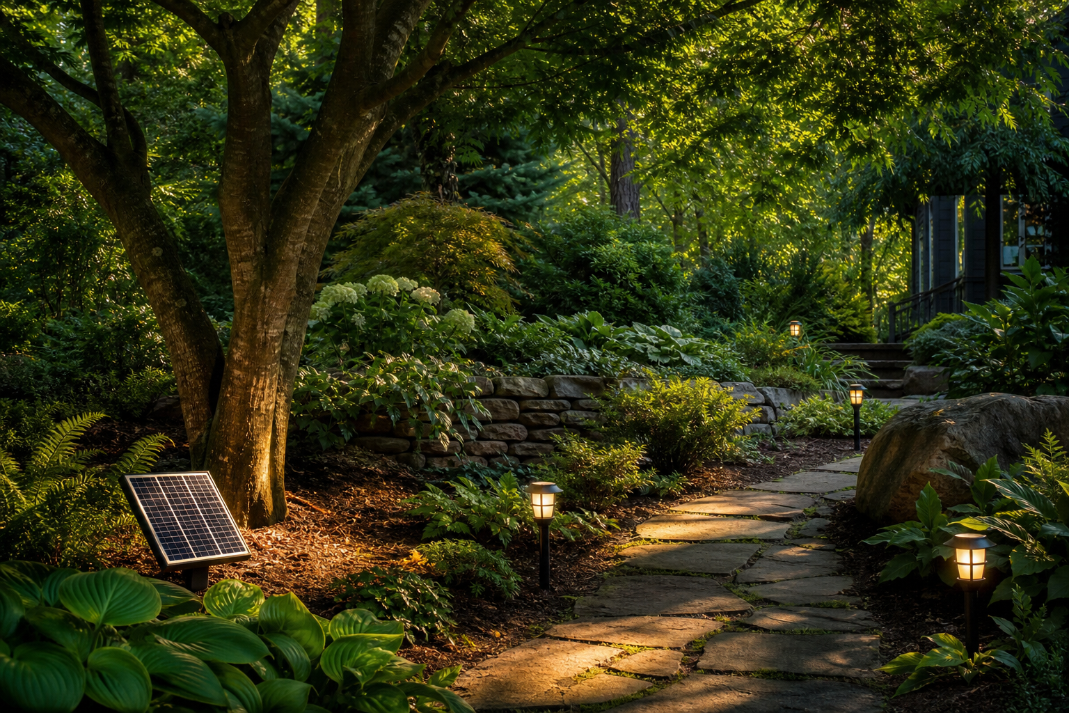 Solar panel in a bright patch powering path lights in a shaded garden