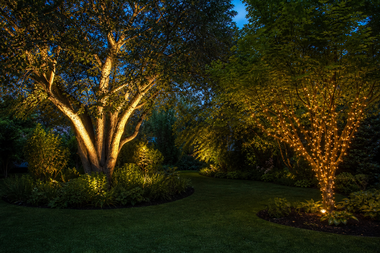 Garden trees highlighted with solar uplighting and warm wrapped lights