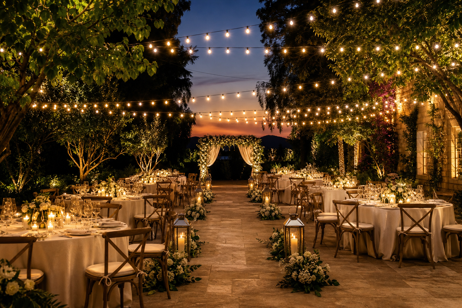Warm solar string lights and lanterns at an outdoor wedding reception