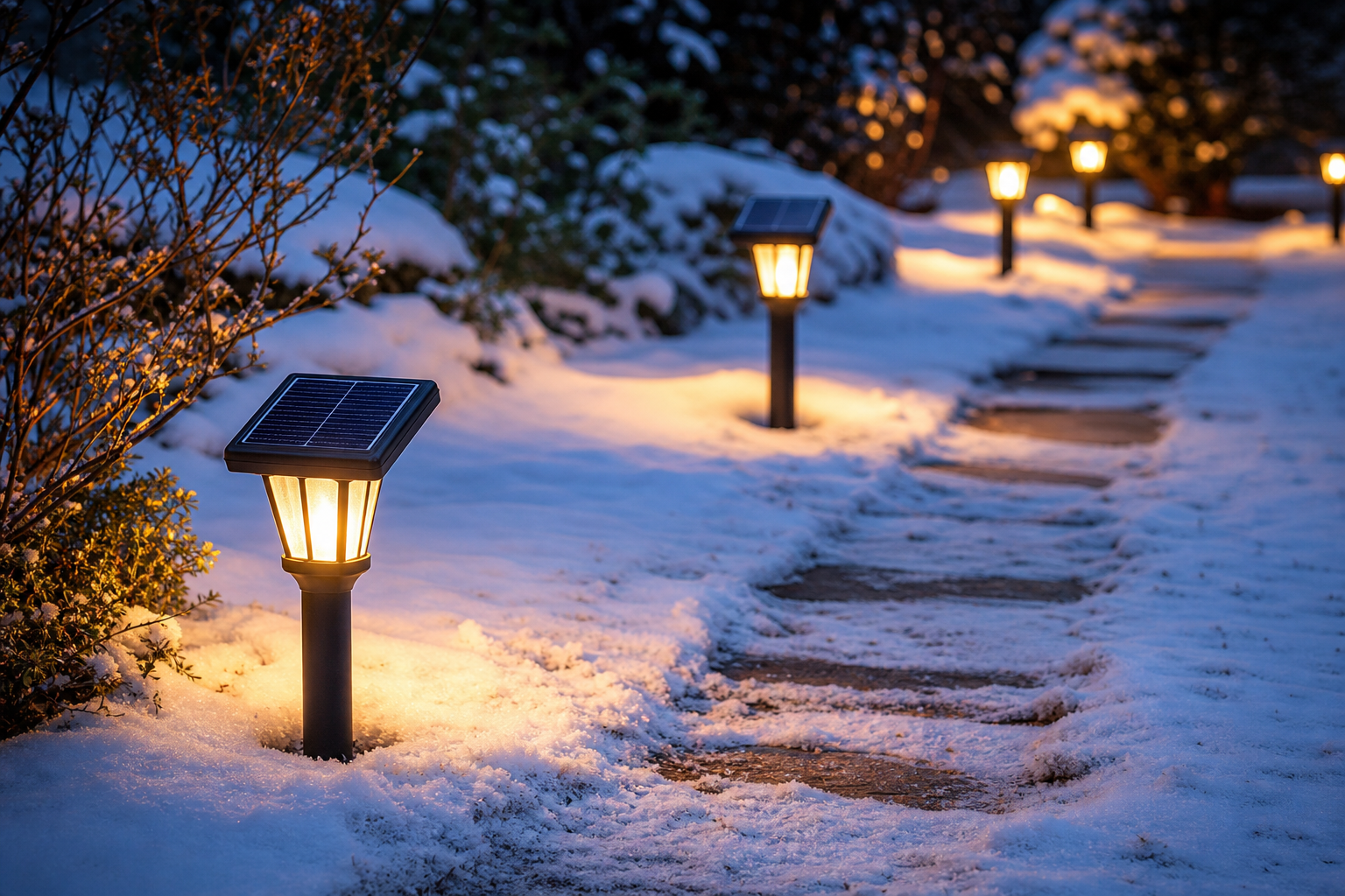 Solar pathway lights glowing beside a snow-covered garden path