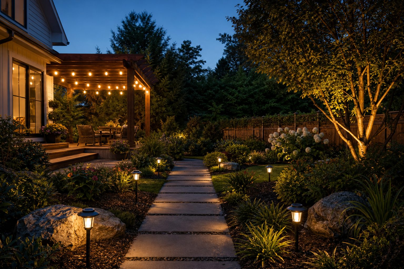 Solar pathway, patio and landscape lights illuminating a residential garden at dusk