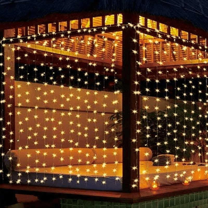 10ft 300 Warm White Water-Resistant Curtain Lights - Solar Flame Torch