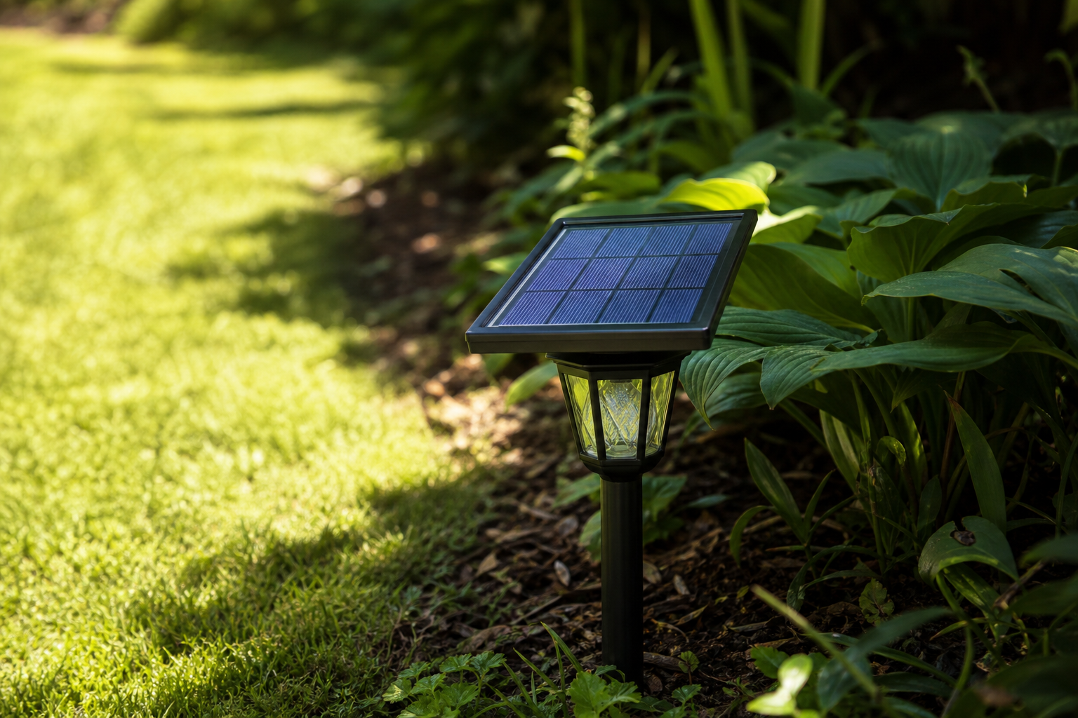 Solar garden light positioned between direct sunlight and partial shade